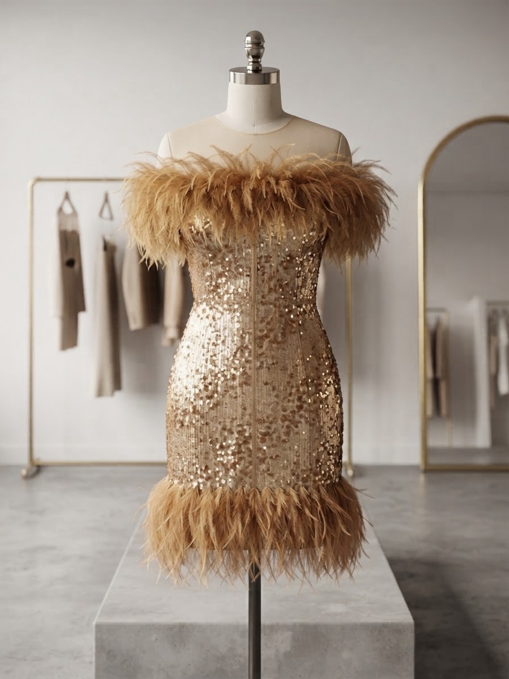 ANTONIO MELANI Gold Sequin Strapless Feather-Trim Cocktail Dress